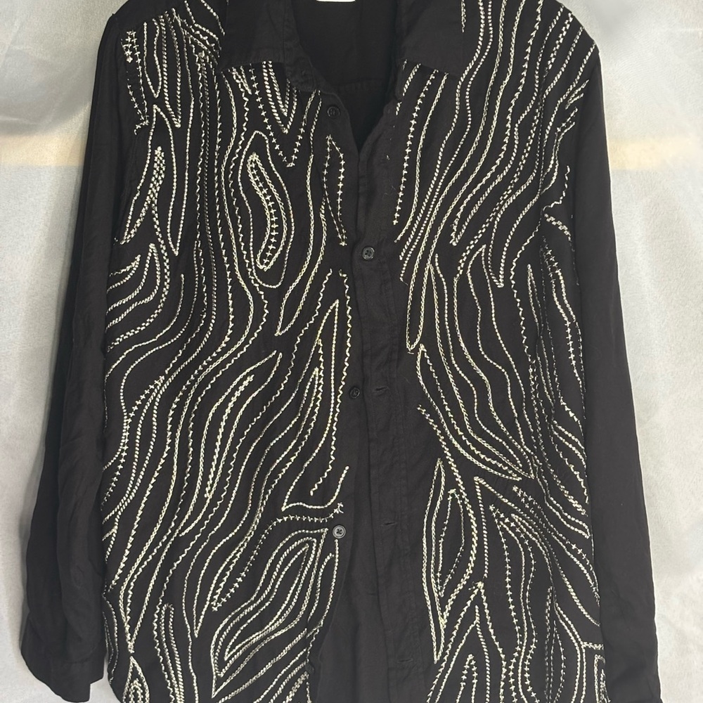 Zara Black and White Embroidered Blouse